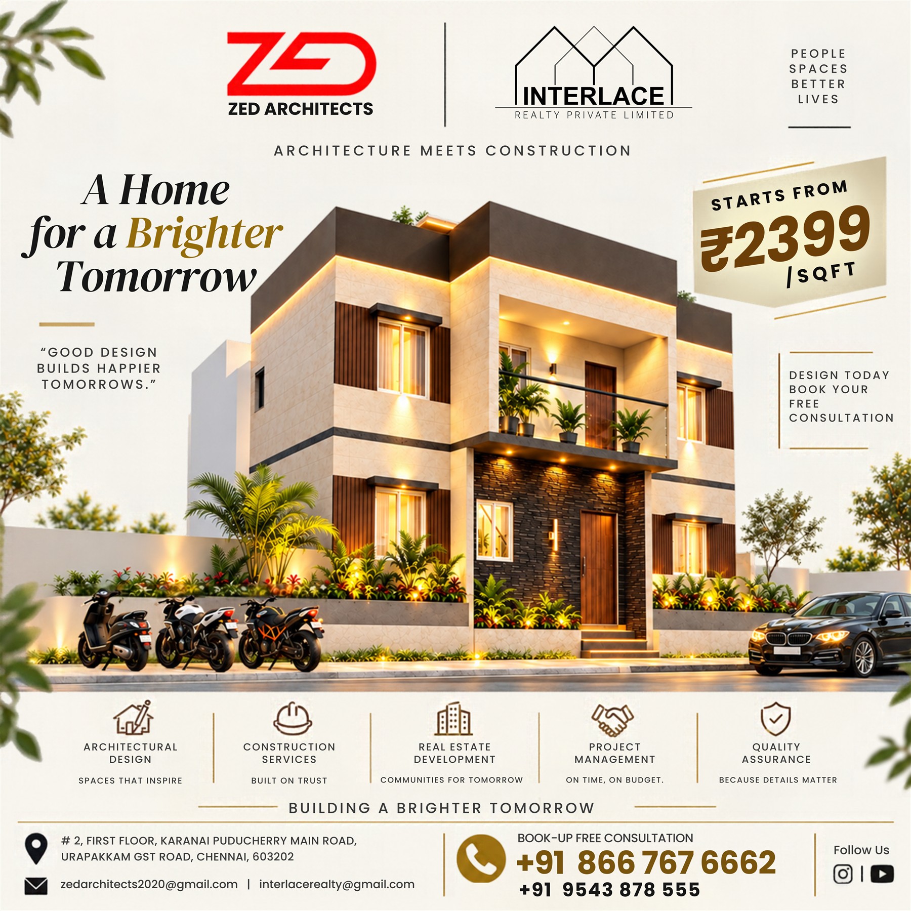 Residential visualization featuring warm stone finishes and a landscaped entrance
